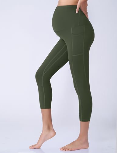 POSHDIVAH Maternity Capri Leggings with Pockets Pregnancy Workout Pants - color: Army Green, size: Medium
