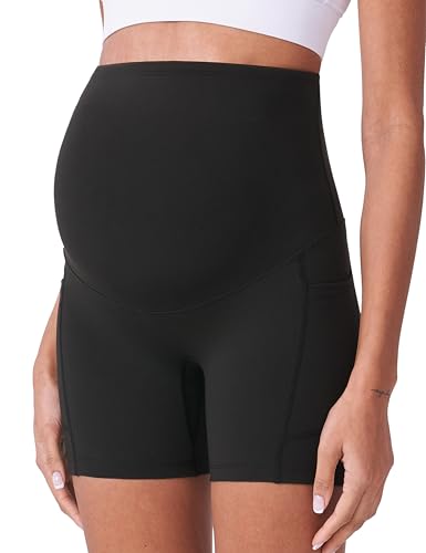 POSHDIVAH 3/4 Pack Maternity Biker Shorts Over The Belly with Pockets 5"/8" - color: Black/Grey/Wine 5", size: Small