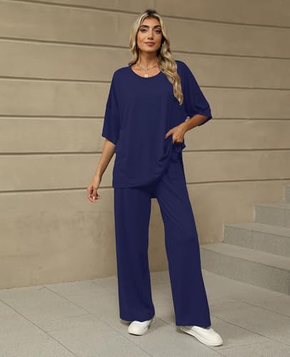 KevaMolly 2 Piece Lounge Set for Women Comfy Pajamas Set - color: Navy, size: Medium