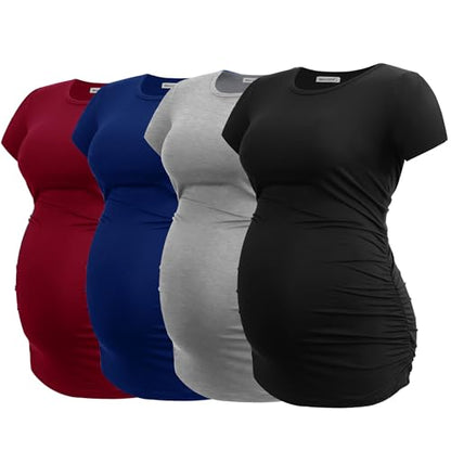 Smallshow Women's 4 Pack Maternity Shirts Short Sleeve Pregnancy Tops Clothes - color: Black-light Grey-navy-maroon(4 Pack), size: Large