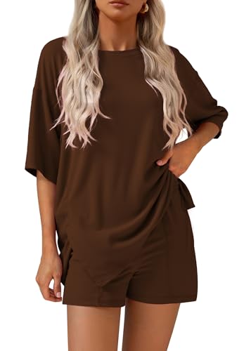 KIRUNDO 2 Piece Sets for Women Summer Lounge Sets Casual - color: Light Coffee, size: X-Large