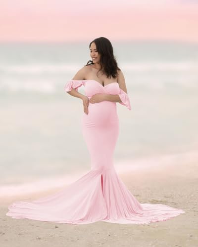 Saslax Off Shoulder Ruffle Sleeves Elegant Fitted Maxi Maternity Dress for Photoshoot Baby Shower - color: Pink, size: Medium