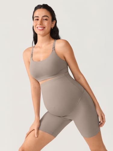 MOMANDA No Front Seam Maternity Biker Shorts 6" - color: Khaki Taupe, size: Medium