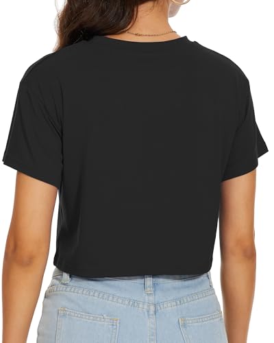 Womens Crop Tops Summer Short Sleeve Round Neck T-Shirts Loose Fit Blouse - color: A-black, size: Medium