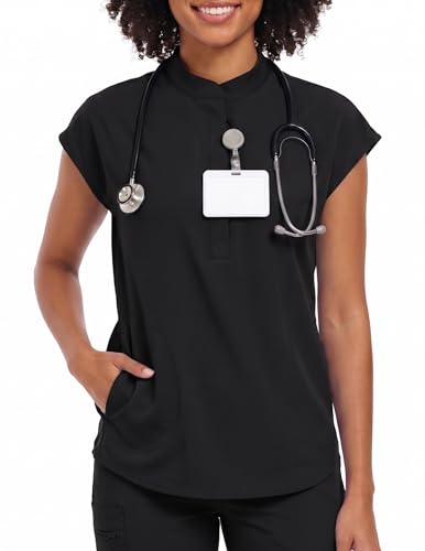 VECARDI Womens Scrub Top Zip Front Dolman Sleeves with Pockets - color: Black, size: Medium
