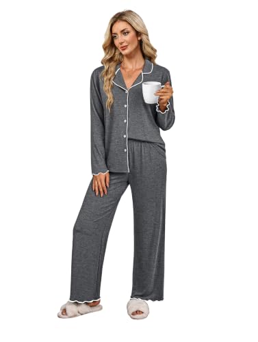 WIHOLL Women's Pajamas Sets Cute Ruffle Long Sleeve Button Up 2 Piece Pjs - color: Grey, size: Medium