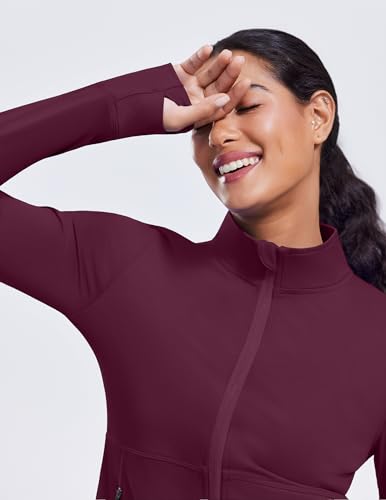 PINSPARK Women's Cropped Workout Jacket Lightweight Full Zip Running Jacket - color: Red Merlot, size: Small