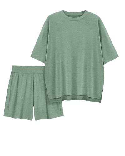 Womens 2 Piece Lounge Sets 2026 Summer Travel Outfits Casual Short Sleeve Oversized Tshirts Tops Biker Shorts - color: Green, size: XX-Large