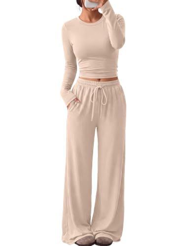 Trendy Queen Women's 2 Piece 2026 Fall Fashion Lounge Set with Pockets - color: Almond, size: Small