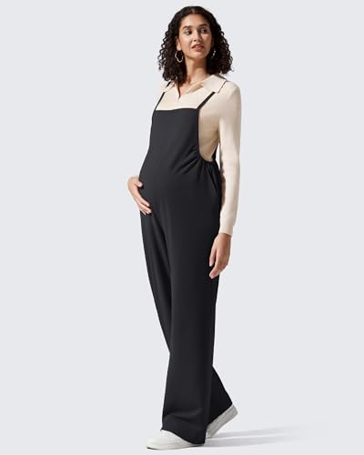 G4Free Maternity Jumpsuits Adjustable Strap Wide Leg Pregnancy Rompers - color: Black, size: X-Small