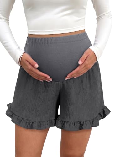 BLENCOT Maternity Shorts Over Belly Ruffle Hem Pregnancy Clothes - color: Grey, size: Small