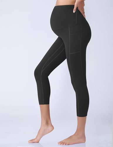 POSHDIVAH Maternity Capri Leggings with Pockets Pregnancy Workout Pants - color: Black Gray, size: Small