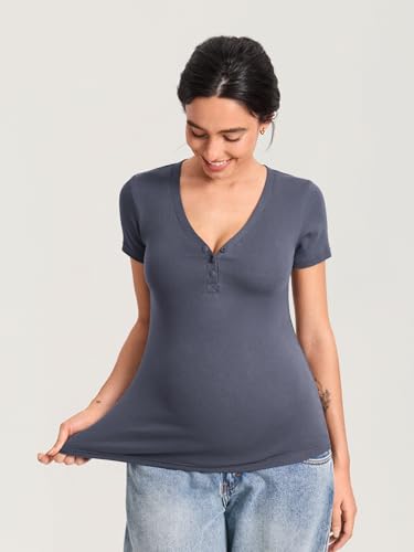 MOMANDA Cotton Ribbed Henley Maternity Tshirts - color: Ash Navy, size: Medium