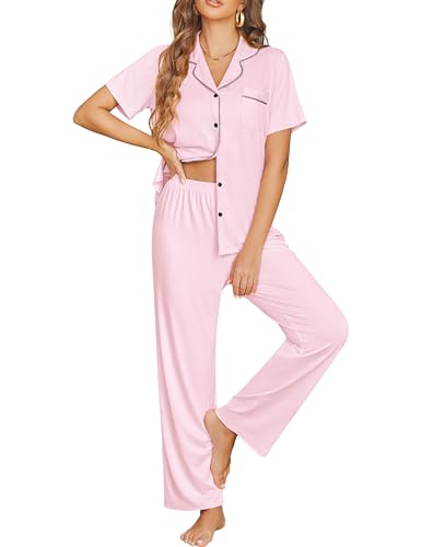 Ekouaer Womens Pajama Sets Button Down Lounge Sets 2 Piece Short Sleeve Pjs - color: Pink, size: Small