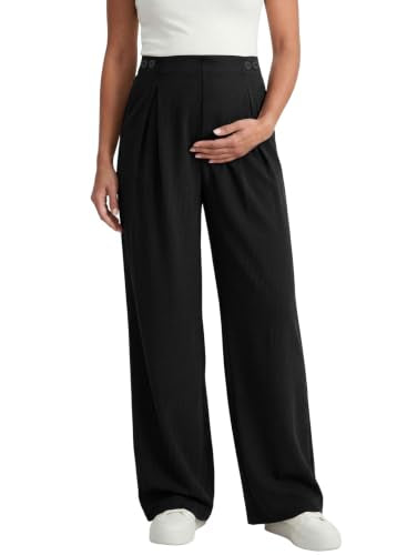 BLENCOT Maternity Pants Work Waffle Knit Wide Leg Pregnancy Trousers - color: Black, size: Small