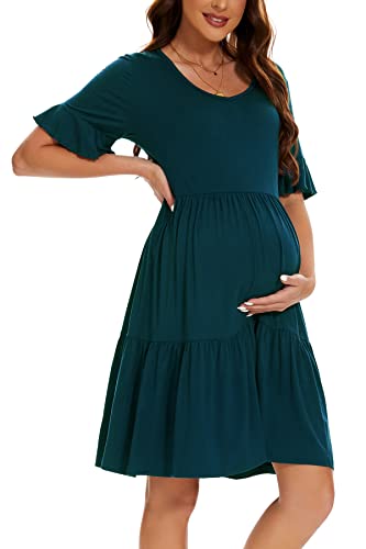 Smallshow Women's Maternity Dress Ruffle Short Sleeve Pregnancy Clothes - color: Teal, size: Small