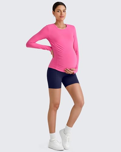 G4Free BareFeel Pregnancy Workout Tops Maternity Long Sleeve Shirts Ruches - color: Hot Pink, size: Small