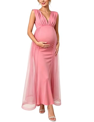 Maternity Maxi Dress V Neck Sleeveless Tulle Overlay Formal Gown - size: Medium