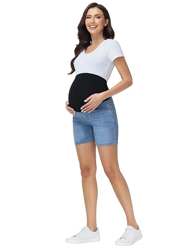 V VOCNI Maternity Jean Shorts Over The Belly Mid Thigh - color: 50-a-medium Blue, size: X-Large