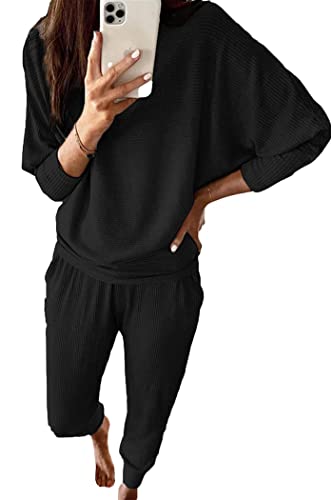 PRETTYGARDEN Women's 2 Piece Fall Outfits Matching Ribbed Knit Lounge Sets - color: Black, size: Large