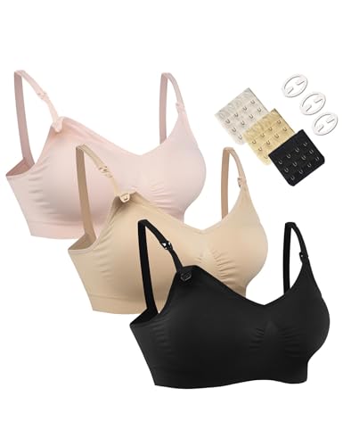 HOFISH 3PACK Full Bust Seamless Nursing Maternity Bras Bralette S-XXL with Extra Bra Extenders & Clips - color: 3pack: Pink/Black/Beige, size: X-Large