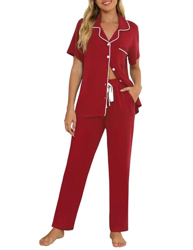 Senert Womens 2 Piece Pajamas Set Button Down Top and Pants Soft Sleepwear - color: Wine Red, size: Small