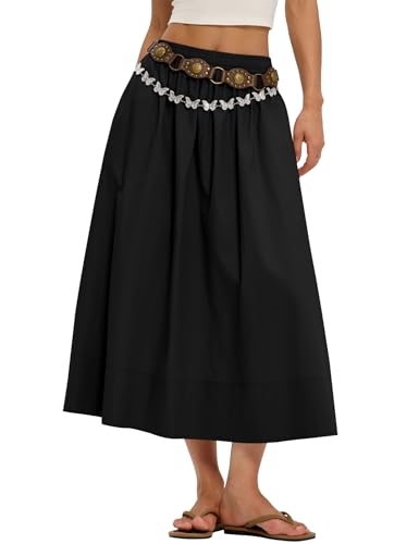 LOMON Midi Skirts for Women with Pockets A-Line Cotton Flowy Elastic Waist - color: Black, size: Small