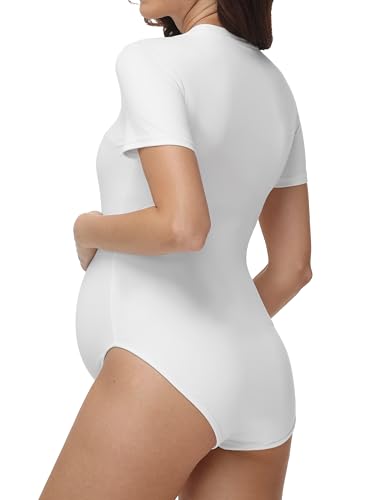 V VOCNI Maternity Bodysuit Short Sleeve Stretchy Basic Pregnancy T Shirt - color: White, size: Small