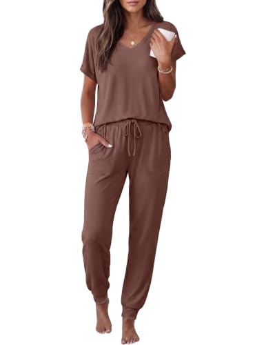Ekouaer Womens Pajama Sets 2 Piece Lounge Set Short Sleeve Jogger Pants Pjs - color: Brown, size: Small