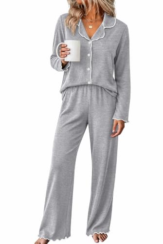 WIHOLL Women's Pajamas Sets Cute Ruffle Long Sleeve Button Up 2 Piece Pjs - color: Light Grey, size: Large