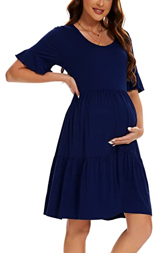 Smallshow Women's Maternity Dress Ruffle Short Sleeve Pregnancy Clothes - color: Navy, size: Small