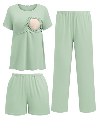 Ekouaer 3 Pack Postpartum Nursing Pajamas Breastfeeding Maternity Clothes - color: Light Green, size: Medium