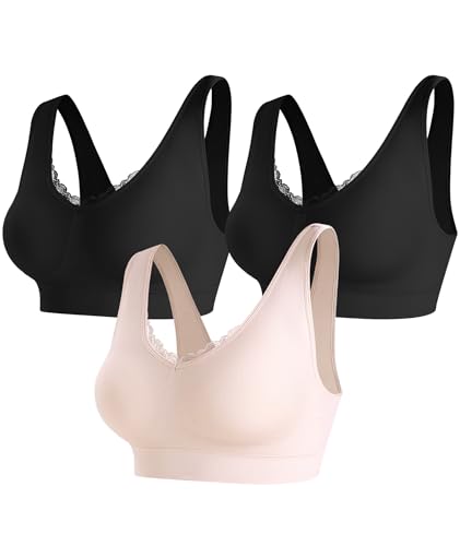 Bras for Women No Underwire Lace V-Neck Wireless Bra Wireless Sleep Bras - color: Black+black+skin, size: Small