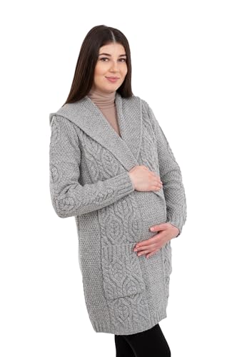 SAOL Pregnancy Long Cardigan with Hood 100% Merino Wool, Made in Ireland - color: Grey, size: Small
