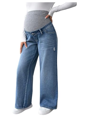 MakeMeChic Women's Maternity Jeans Knitted Wide Leg Pregnancy Denim Pants - color: Multicolor, size: Medium