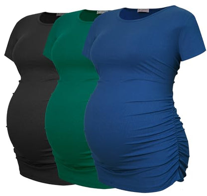Smallshow Women's Ribbed Ruched Maternity Shirts 3 Packs - color: Black-deep Green-teal(3 Pack), size: X-Large