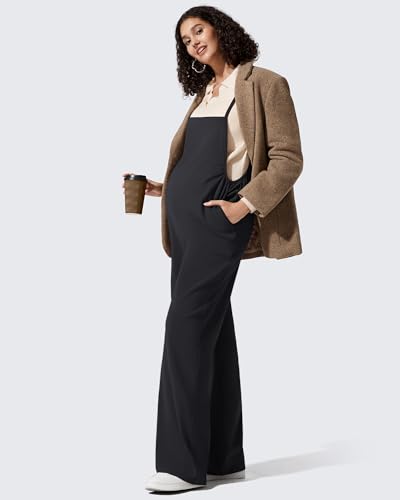 G4Free Maternity Jumpsuits Adjustable Strap Wide Leg Pregnancy Rompers - color: Black, size: XX-Large