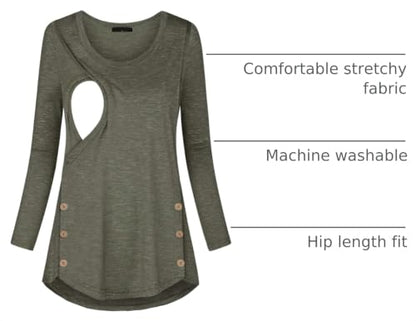 connche Women's Button Side Maternity Tunic Nursing Tops for Breastfeeding - color: Olive Green, size: Small
