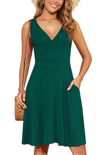 WEACZZY Women Summer V Neck Sleeveless Dress with Pockets Beach Sundress - color: Dark Green, size: Small