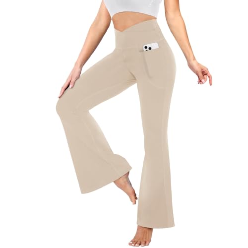 YOLIX Flare Leggings for Women with Pockets - Crossover High Waisted Black Flared Leggings for Yoga Gym Workout - color: Khaki, size: X-Small