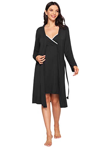 Latuza Women's Viscose Nursing Nightgown and Robe Set - color: Black, size: Medium
