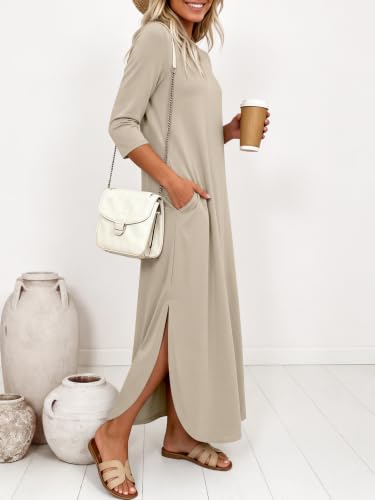 ANRABESS Women’s Air Layer 3/4 Sleeve Fall Maxi Dress & Pockets - color: Beige Grey, size: Medium