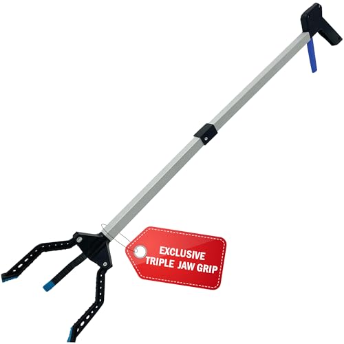 3 Claw Grabber Reacher Tool Heavy Duty, 2025 Updated 32" Lightweight, Foldable, Wide Jaws, Steel Cable, Rubberized Strong Grip Garbage Trash Picker Upper Grabber for Seniors Pick Up Stick Pickup Tool