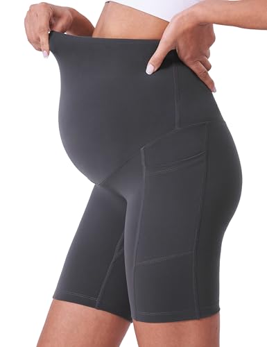 POSHDIVAH 3/4 Pack Maternity Biker Shorts Over The Belly with Pockets 5"/8" - color: Black/Black/Grey 8", size: Medium