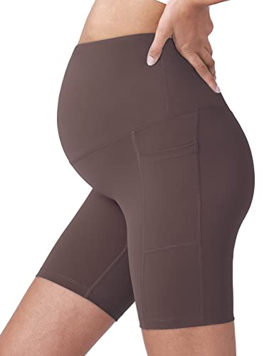 POSHDIVAH Maternity Biker Shorts Over the Belly with Pockets 5"/8" - color: Dark Brown, size: Medium