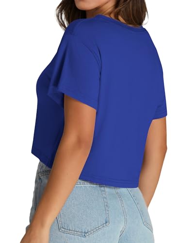 Womens Crop Tops Short Sleeve V Neck Summer Cropped T Shirts Baisc Tees - color: B Blue, size: X-Large