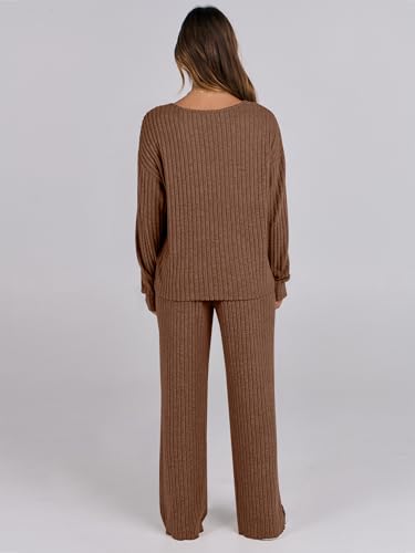 ANRABESS Women 2 Piece Lounge Pajamas Sets Casual Fall Outfits - color: Brown, size: Medium