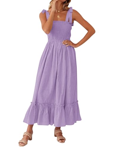 Tobrief Women's Boho Dress Summer Spaghetti Strap Square Neck Flowy Ruffle Beach Long Maxi Dress - color: Purple, size: Large