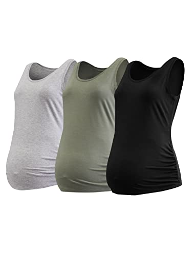 Motherhood Maternity Womens Sleeveless Scoop Neck Side Ruched Tank Top 3 Packs - color: Black/H. Grey/Beetle, size: X-Small