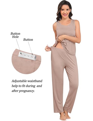 SWOMOG Maternity Nursing Robe Set 3 PCS Postpartum Breastfeeding Pajamas Lounge Hospital Pregnancy Pjs with Robe - color: Light Brown, size: Medium